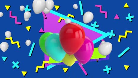 Farbige-Luftballons-Schweben-über-Farbigen-Formen-Auf-Blauem-Hintergrund