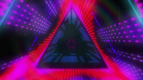 Animation-of-red,-blue-and-purple-glowing-pulsating-triangles-moving