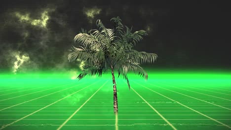Animation-of-flickering-palm-tree-over-glowing-green-grid-moving