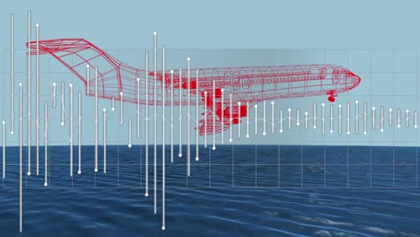 Technische-Zeichnung-Eines-3D-Flugzeugs-Mit-Datenverarbeitung-über-Dem-Meer-Im-Hintergrund