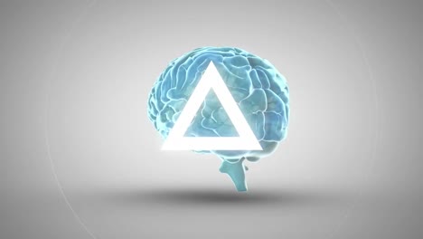 Animation-Eines-3D-leuchtenden-Blauen-Menschlichen-Gehirns,-Das-Sich-Mit-Mehreren-Weißen-Dreiecken-Und-Pulsierenden-Kreisen-Dreht