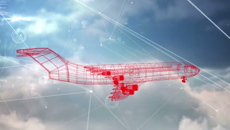 Technische-Zeichnung-Eines-3D-Flugzeugs-Mit-Netzwerkverbindung-über-Wolken