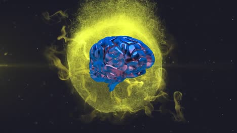 3D-Menschliches-Gehirn-Rotiert-über-Leuchtenden-Partikelwolken-Im-Hintergrund