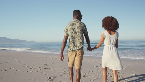 Rear-view-of-African-American-couple-walking-side-by-side-at-beach