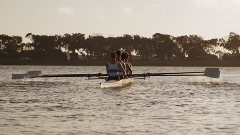 Rear-view-of-male-rower-team-rowing-on-the-lake