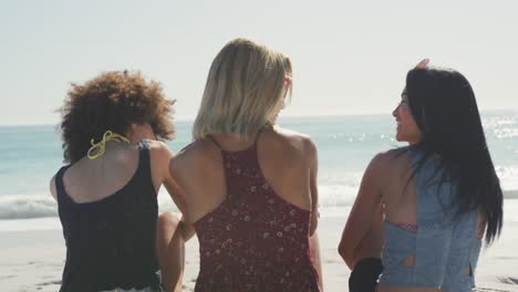 Rear-view-of-mixed-race-friends-talking-in-front-of-the-sea