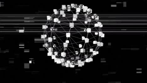 Animation-of-glitch-globe-of-network-of-connections-spinning-on-black-background