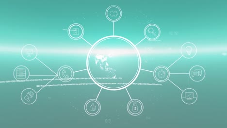 Animation-Des-Sich-Drehenden-Globus-Mit-Netzwerk-Von-Verbindungsdatenverarbeitung-Auf-Leuchtend-Grünem-Hintergrund