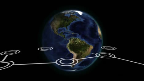 Animation-Des-Sich-Drehenden-Globus-Mit-Netzwerk-Globaler-Verbindungen-Auf-Schwarzem-Hintergrund