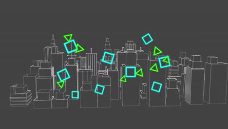Neonquadrat-Und--dreieck-Mit-Rotierender-3D-Stadt-Im-Hintergrund
