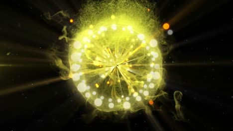 Animation-of-explosion-of-golden-glowing-particles-of-information-and-connections-flowing-on-black-b