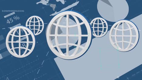 Animation-of-five-white-outlines-of-globes-and-world-map-on-blue-background