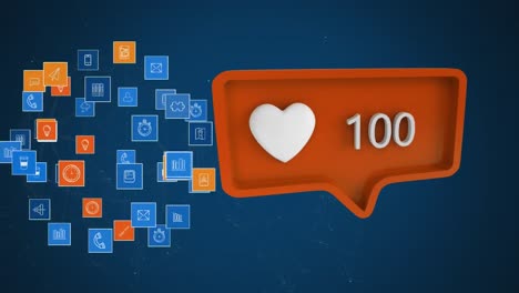 Animation-of-orange-speech-bubble-with-heart-icon-and-numbers-growing-from-zero-to-one-hundred