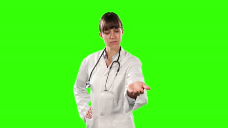 Vista-Frontal-De-Un-Médico-Sosteniendo-Su-Mano-Para-Un-Espacio-De-Copia-Con-Pantalla-Verde