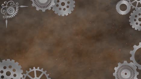 Animation-of-white-decorative-frame-made-of-spinning-cogs-with-grey-clouds-of-smoke-moving-in-seamle