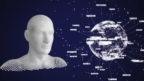 Animation-of-human-bust-made-of-grey-particles-and-globe-spinning-data-processing-on-blue-background