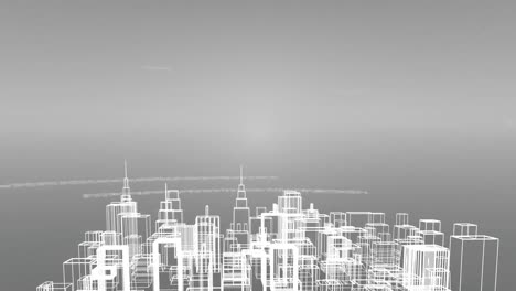 Animation-of-data-processing-and-recording-with-a-3d-city-spinning-on-grey-background