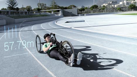 Animation-of-time-measuring-and-a-Caucasian-athlete--racing-in-a-recumbent-bicycle-