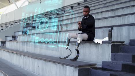Animation-of-mixed-race-male-disabled-athlete-with-prosthetic-legs-sitting-and-checking-his-smart-wa