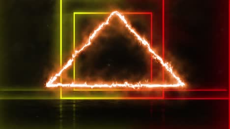 Animation-Eines-Tunnels-Aus-Leuchtenden-Geometrischen-Quadraten-Mit-Einem-Brennenden-Dreieck-Im-Hintergrund
