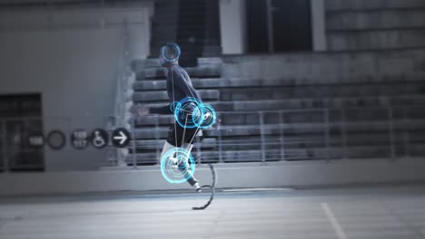 Animation-Eines-Behinderten-Sportlers-Gemischter-Abstammung-Mit-Beinprothesen,-Der-In-Einem-Sportstadion-Trainiert