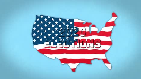 Worte-„Wahlen-2020“-Auf-Einer-Karte-Der-Vereinigten-Staaten-Von-Amerika,-Gefüllt-Mit-Amerikanischer-Flagge-Auf-Blauem-Hintergrund