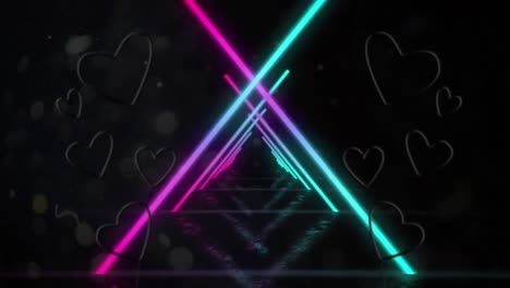 Animation-Eines-Tunnels-Aus-Neonleuchtenden-Geometrischen-Dreiecken,-Die-Sich-In-Einer-Nahtlosen-Schleife-Mit-Rot-Und-Rosa-Bewegen