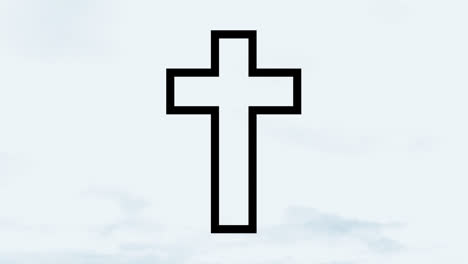 Animation-Des-Schwarzen-Umrisses-Eines-Christlichen-Kreuzes-über-Blauen-Wolken