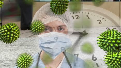 Animation-of-healthcare-worker-wearing-Covid19-mask-and-spreading-coronavirus-with-clock-in-backgrou
