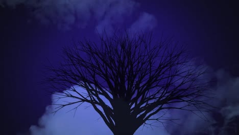 Animation-of-white-clouds-moving-over-black-silhouette-of-a-tree-on-purple-sky
