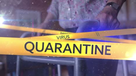 Words-Danger,-Virus,-Quarantine-written-on-yellow-tape-over-senior-woman.-Covid-19-spreading