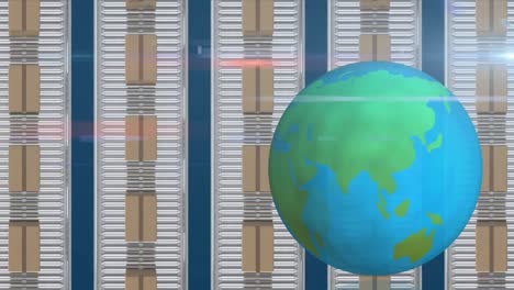Animation-Von-Gestapelten-Kartons,-Die-Sich-Bewegen,-Während-Sich-Der-Globus-Auf-Blauem-Hintergrund-Dreht