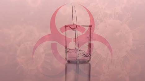 Animation-of-red-health-hazard-sign-with-liquid-dripping-and-flowing-into-a-beaker-on-red-background
