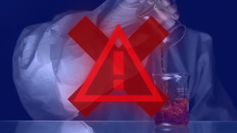 Red-triangle-warning-sign-over-scientist-working--in-background.-Covid-19-spreading