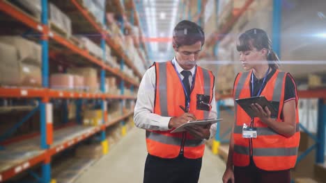 Animation-of-a-male-and-female-warehouse-workers-counting-