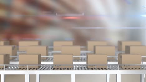 Animation-of-stacked-up-cardboard-boxes-moving-with-glowing-light-trails-in-background
