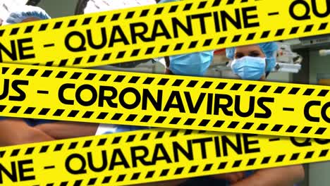Animation-of-word-Quarantine-with-healthcare-worker-in-background-during-Covid19-pandemic