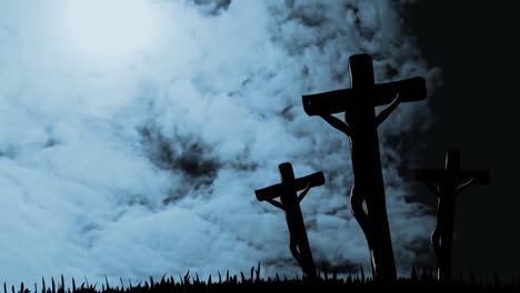 Animation-of-silhouettes-of-three-Christian-crosses-over-white-clouds