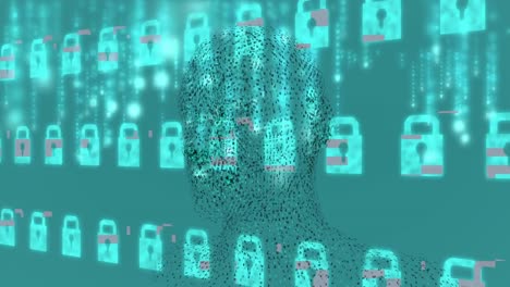Animation-of-digital-human-head-over-rows-of-online-security-padlocks-on-green-background