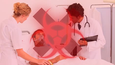 Health-hazard-sign-over-a-senior-male-patient-talking-with-doctors.-Covid-19-spreading