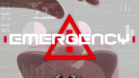 Animation-of-word-emergency-written-in-white-letters-over-red-warning-triangle-with-data-processing-