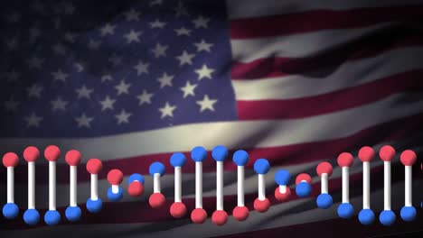 Animation-of-a-DNA-strand-rotating-over-American-flag-waving-in-the-background