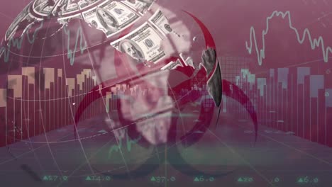 Animation-of-globe-formed-with-American-dollar-banknotes-spinning-with-data-processing