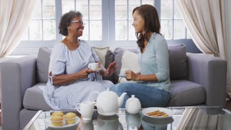 Senior-mixed-race-woman-drinking-tea-with-her-daughter-in-social-distancing