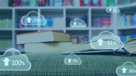 Animation-of-books-over-clouds-with-rising-numbers-in-the-background