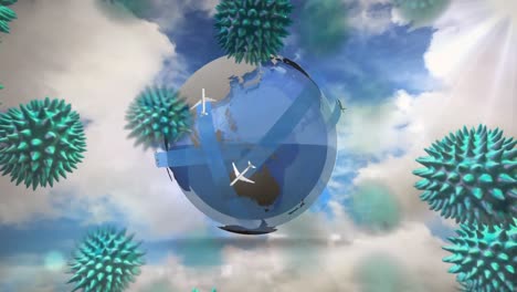Animation-Von-Makro-Coronavirus-Covid-19-Zellen,-Die-Sich-Mit-Passagierflugzeugen-über-Einen-Globus-Ausbreiten