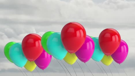 Animation-Einer-Gruppe-Mehrfarbiger-Luftballons-Am-Himmel