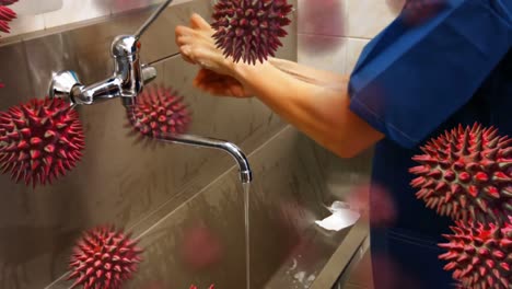 Animation-Von-Makro-Coronavirus-Covid-19-Zellen,-Die-Sich-über-Eine-Kaukasische-Frau-Ausbreiten,-Die-Sich-Die-Hände-Wäscht