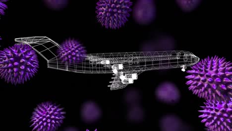 Animation-Von-Makro-Coronavirus-Zellen,-Die-Sich-über-Eine-Technische-Zeichnung-Eines-Passagierflugzeugs-Ausbreiten
