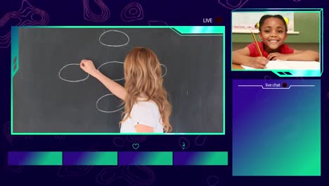 Animation-of-a-girl-and-a-teacher-having-an-online-live-lesson-with-blue-frames